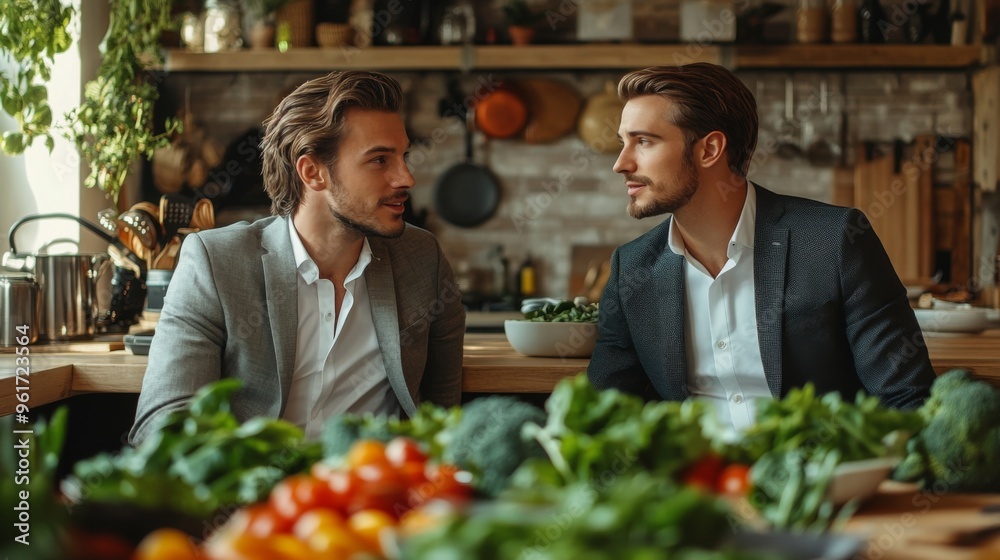 Two Men Conversing in a Modern Kitchen Two Men Conversing in a Modern Kitchen