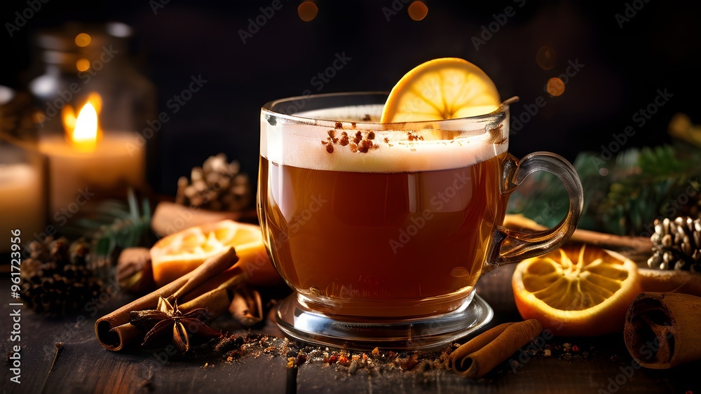 Steaming apple cider in a glass mug, garnished with a cinnamon stick and star anise, surrounded by festive decorations