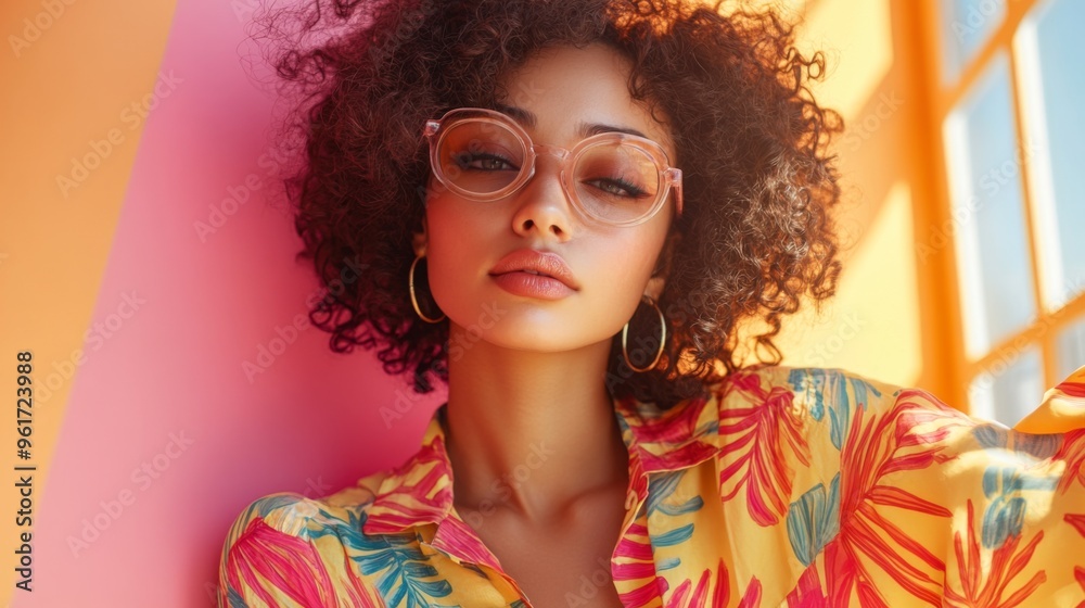Fototapeta premium Portrait of a Young Woman in Vibrant Summer Attire
