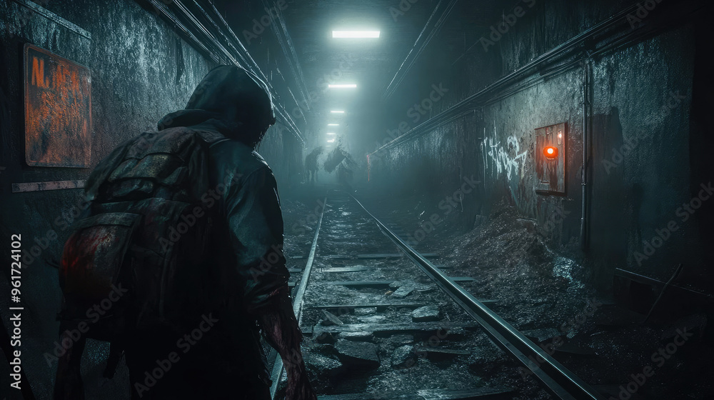 A zombie with dark, rotting flesh standing in a desolate, crumbling subway tunnel. A zombie with dark, rotting flesh standing in a desolate, crumbling subway tunnel.