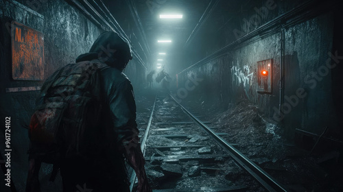 A zombie with dark, rotting flesh standing in a desolate, crumbling subway tunnel.