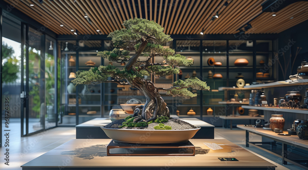 Fototapeta premium Large bonsai tree displayed in a contemporary indoor exhibit. Interior of a museum room with Asian pottery on display. Generative AI.