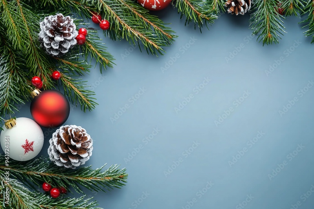 Christmas greeting card with fir tree and decor. Top view flat lay with copy space for your xmas greetings Christmas greeting card with fir tree and decor. Top view flat lay with copy space for your xmas greetings