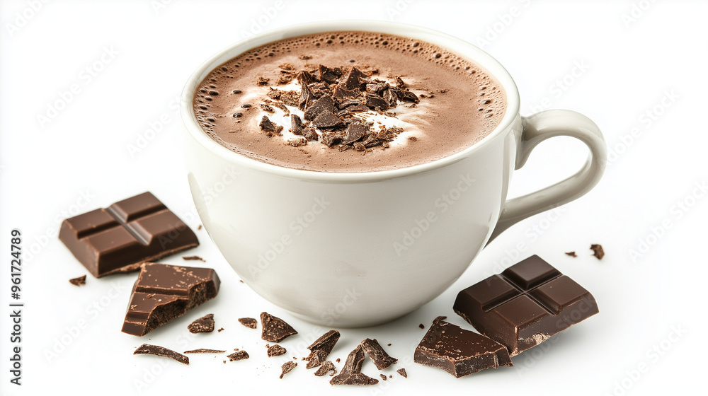 cup of hot chocolate and chocolate next to it on a white background cup of hot chocolate and chocolate next to it on a white background