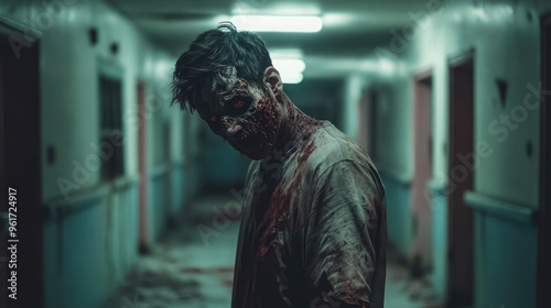 A zombie in a bloody shirt stands in a hallway
