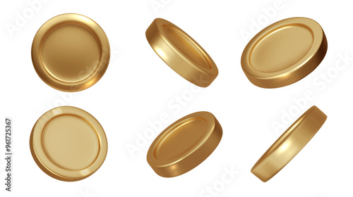 Gold coins 3d realistic vector in different angles isolated. Gold metal money PNG.