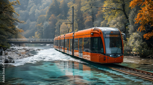 Orange Tram Crossing a River in Autumn Forest - Realistic Image