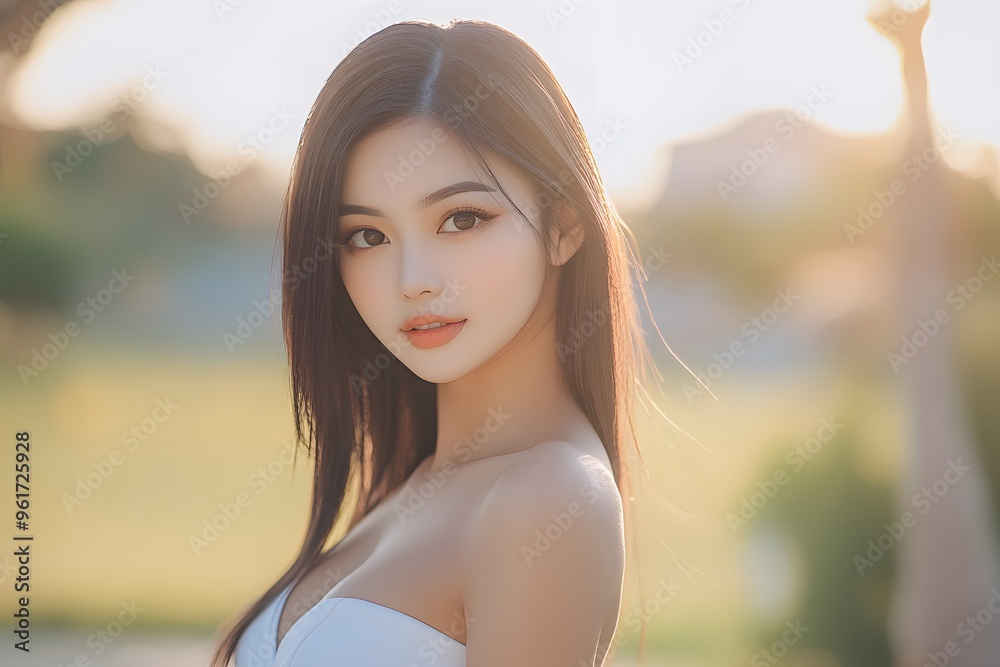 Beautiful Asian Woman with Long Black Hair in a White Dress Outdoors Beautiful Asian Woman with Long Black Hair in a White Dress Outdoors