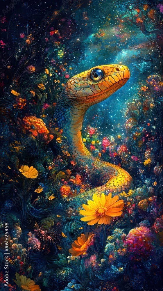 Surreal vision, a snake in a dreamlike, fantastical environment with imaginative elements and vivid colors, creating a whimsical, otherworldly scene. Surreal vision, a snake in a dreamlike, fantastical environment with imaginative elements and vivid colors, creating a whimsical, otherworldly scene.