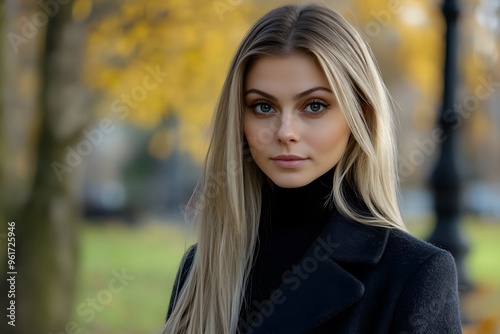 Beautiful Blonde Woman in Black Coat with Autumn Background