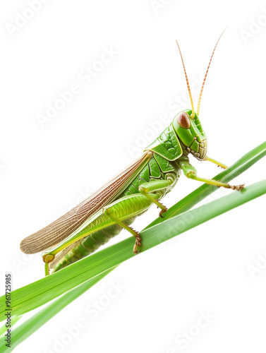 green grasshopper on blade of grass isolated on transparent background photo