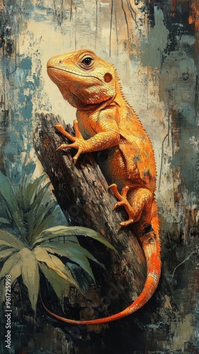 Oil painting style, a lizard depicted with rich, textured brushstrokes, capturing its detailed skin and dynamic posture in a classic, artistic manner. photo