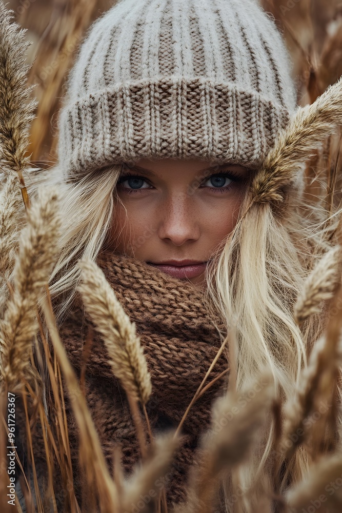 Woman in Knitted Hat and Scarf Blonde Hair Autumn Field Fall Fashion Woman in Knitted Hat and Scarf Blonde Hair Autumn Field Fall Fashion