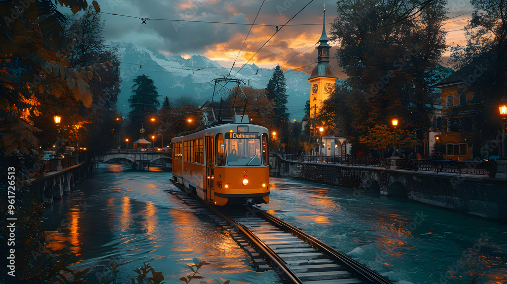 Obraz premium Evening Tram Crossing River with Mountains Illustration