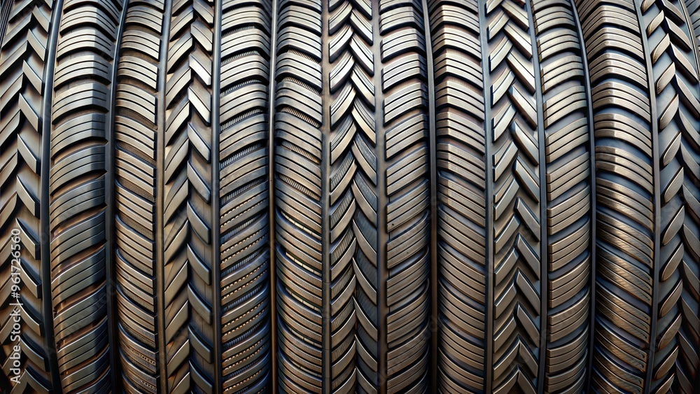Fototapeta premium A close-up view of stacked tires showcasing intricate tread patterns in dark metallic tones