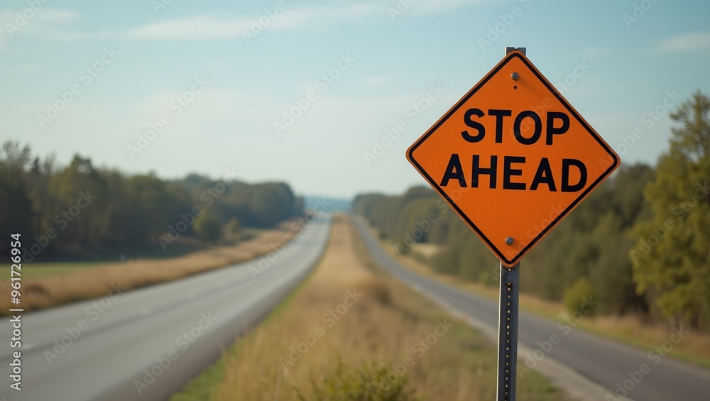 Caution Rural Road with Distinctive STOP AHEAD Sign Caution Rural Road with Distinctive STOP AHEAD Sign