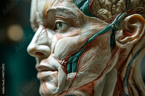 A detailed model of human anatomy showcasing muscles and brain structure in a scientific exhibition environment photo