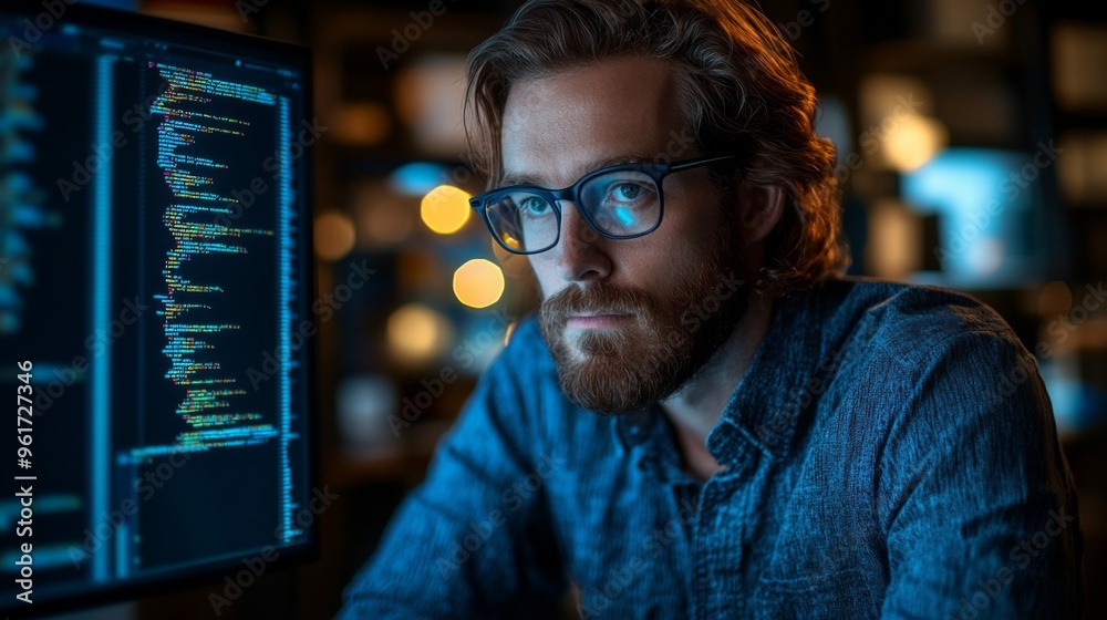 Man Working on Code in Dimly Lit Room Man Working on Code in Dimly Lit Room
