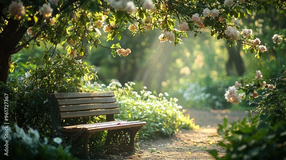 A peaceful garden scene featuring a wooden bench nestled beneath a flowering tree with soft sunlight filtering through the leaves A peaceful garden scene featuring a wooden bench nestled beneath a flowering tree with soft sunlight filtering through the leaves