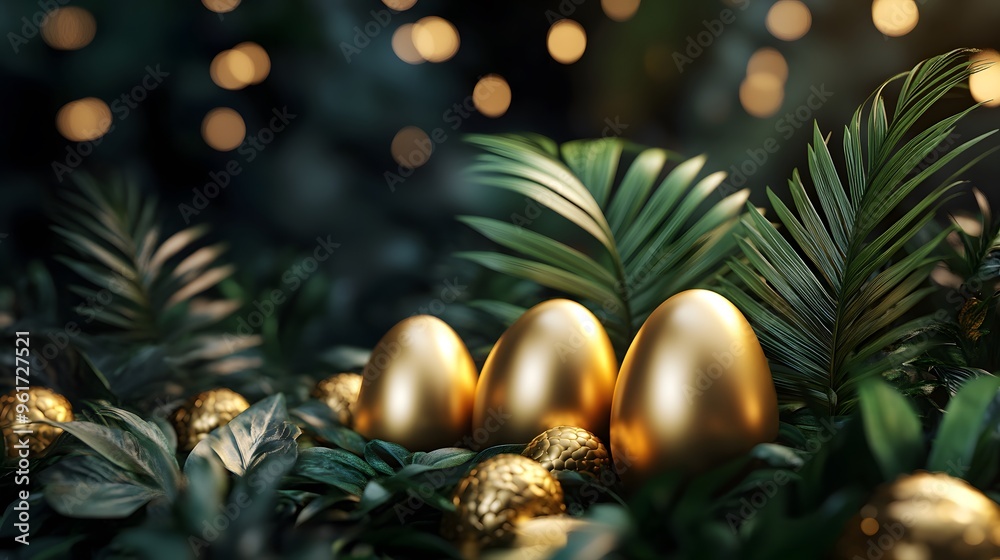 Golden Eggs Nestled in Lush Tropical Foliage Golden Eggs Nestled in Lush Tropical Foliage