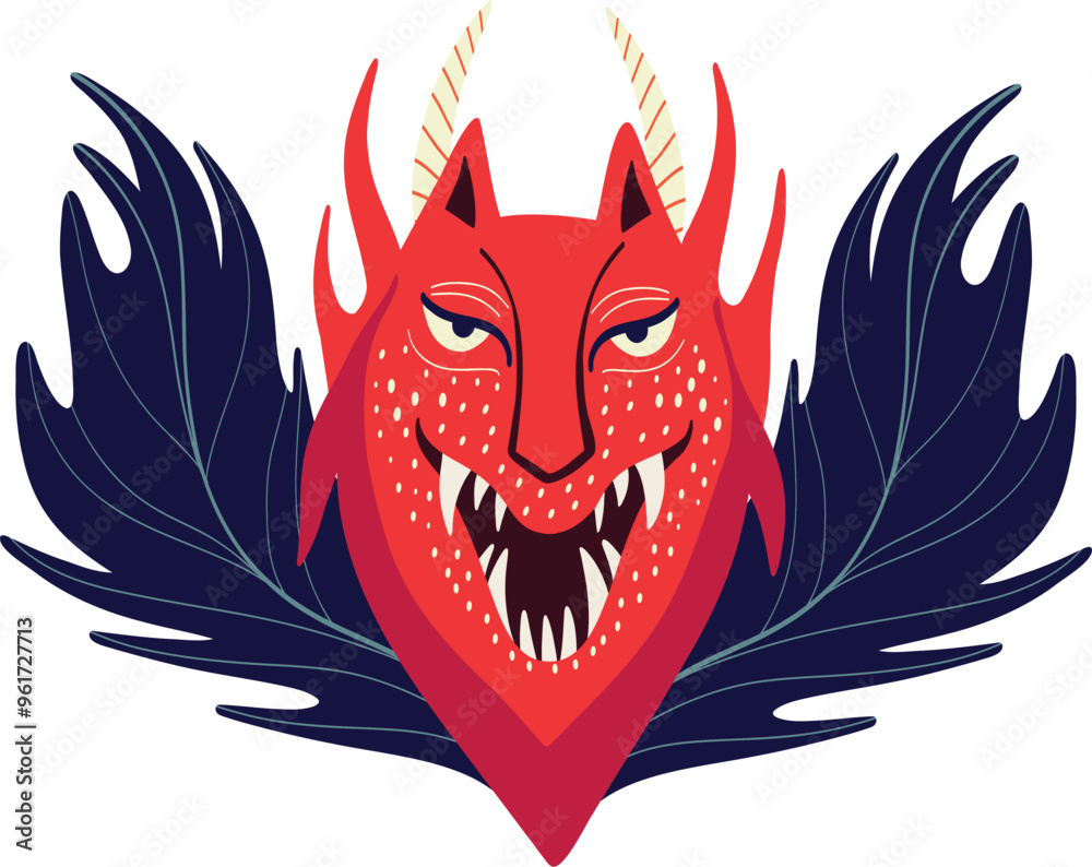Funny creepy red Dragon Monster. Cool illustration in children's cartoon style