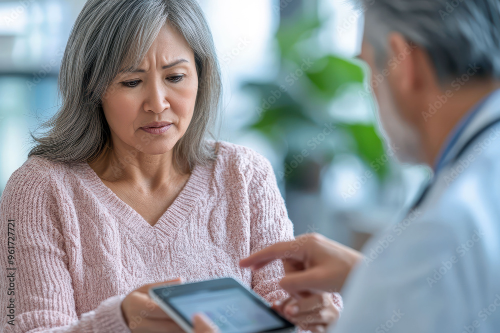 Concerned middle-aged woman reviewing health information during a medical consultation Concerned middle-aged woman reviewing health information during a medical consultation