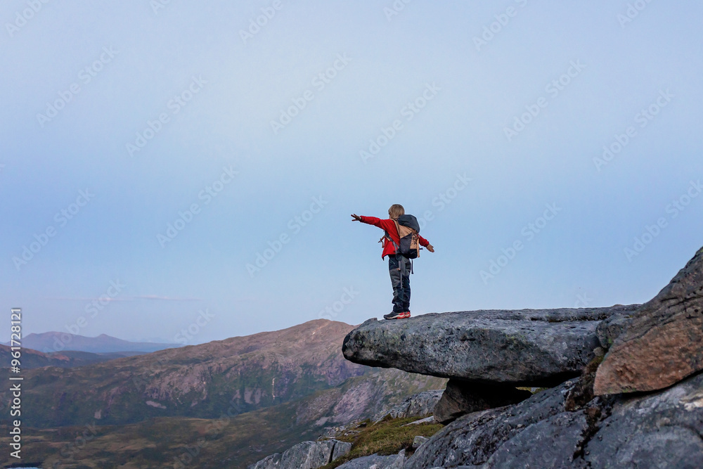 Obraz premium Children and adults, family with dog, hiking Grytetippen trail in Senja, Lofoten on a sunny summer day