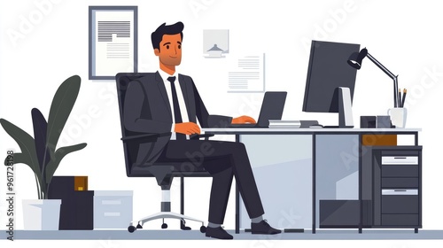 Flat Design Illustration of a Businessman Working in a Modern Office on Clean White Background