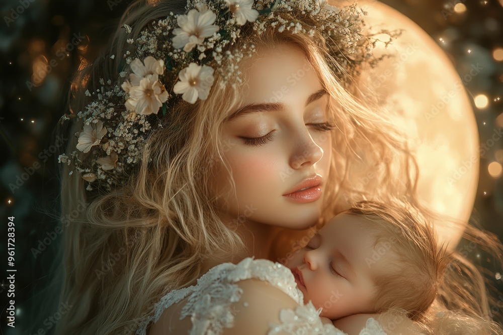 A young mother gently holds her sleeping baby while surrounded by soft moonlight and flowers