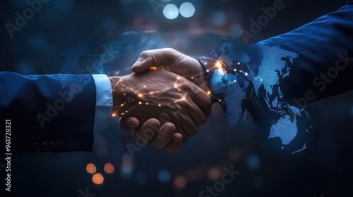 business man handshake with effect global world map network link connection and graph chart of stock market graphic diagram, digital technology, internet communication, teamwork, partnership concept photo