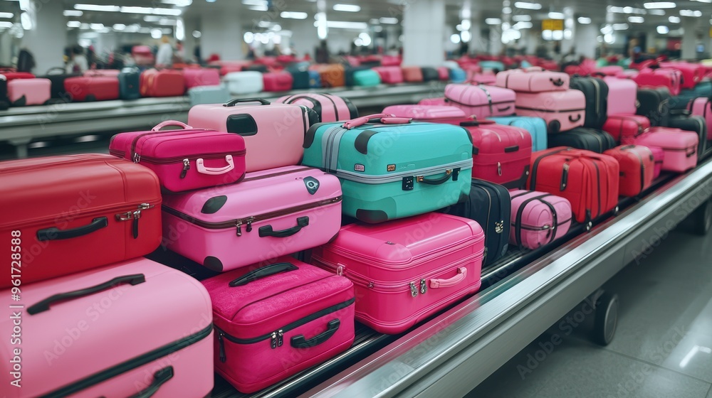 Fototapeta premium Diverse Travel Styles on Luggage Conveyor Belt at Airport - High Luminosity 8K Image, Generative Ai