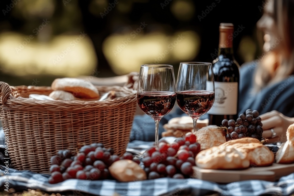 Picnic Basket with Wine and Bread Picnic Basket with Wine and Bread