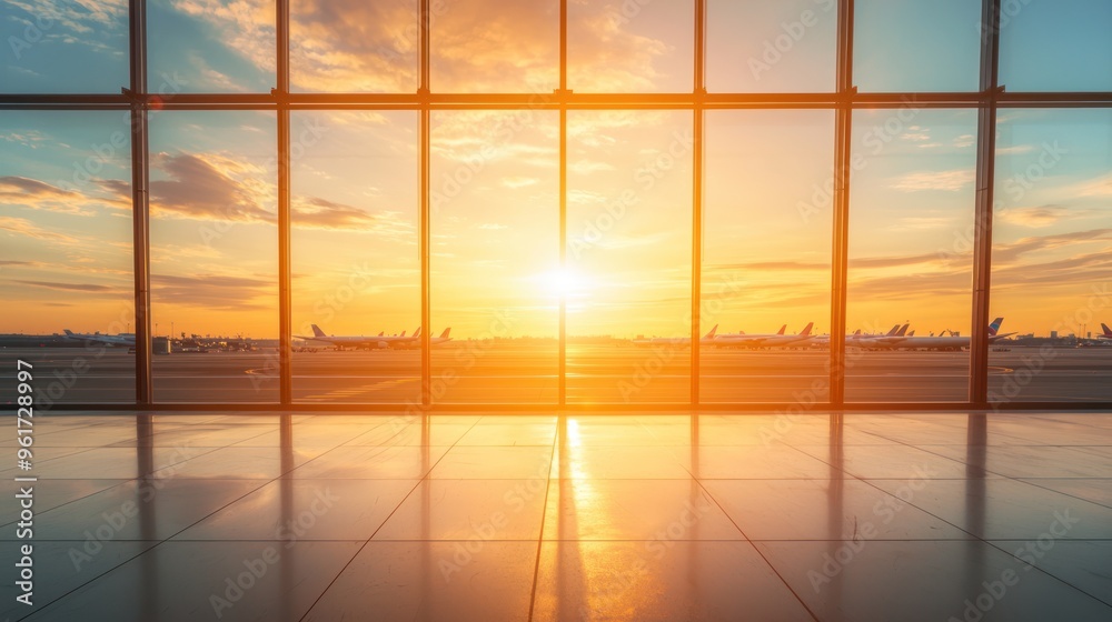 Fototapeta premium Heavenly Glow: Airport Silhouettes and Reflections at Golden Hour in 8K Resolution, Generative Ai