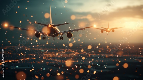 Symphony of Flight: Dynamic Airplanes Soaring in Harmony Over Brilliant Airport Lights, Symbolizing Unity in Aviation | Conceptual High Luminosity 8K Image, Generative Ai