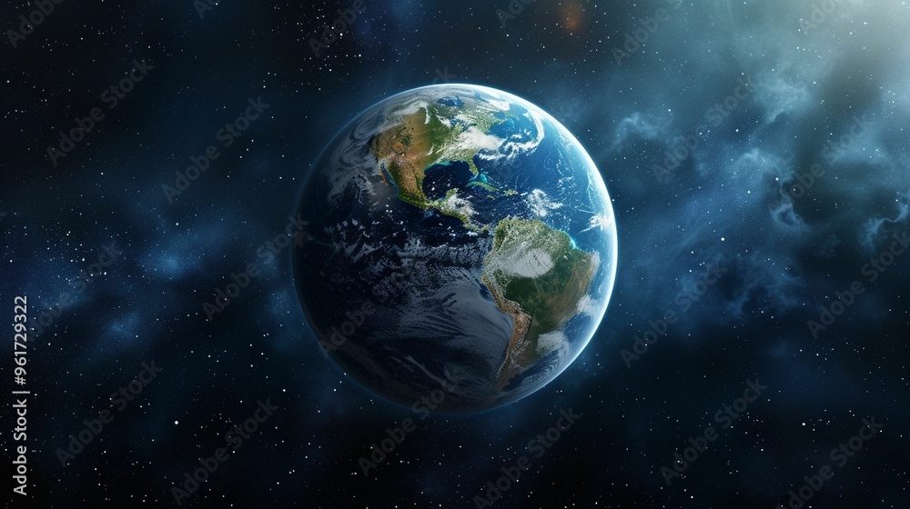 Earth viewed from space against a backdrop of stars and cosmic clouds in a mesmerizing display of natural beauty
