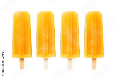 Four refreshing orange popsicles arranged in a row on a white background, showcasing a delicious summer treat in vibrant colors. photo