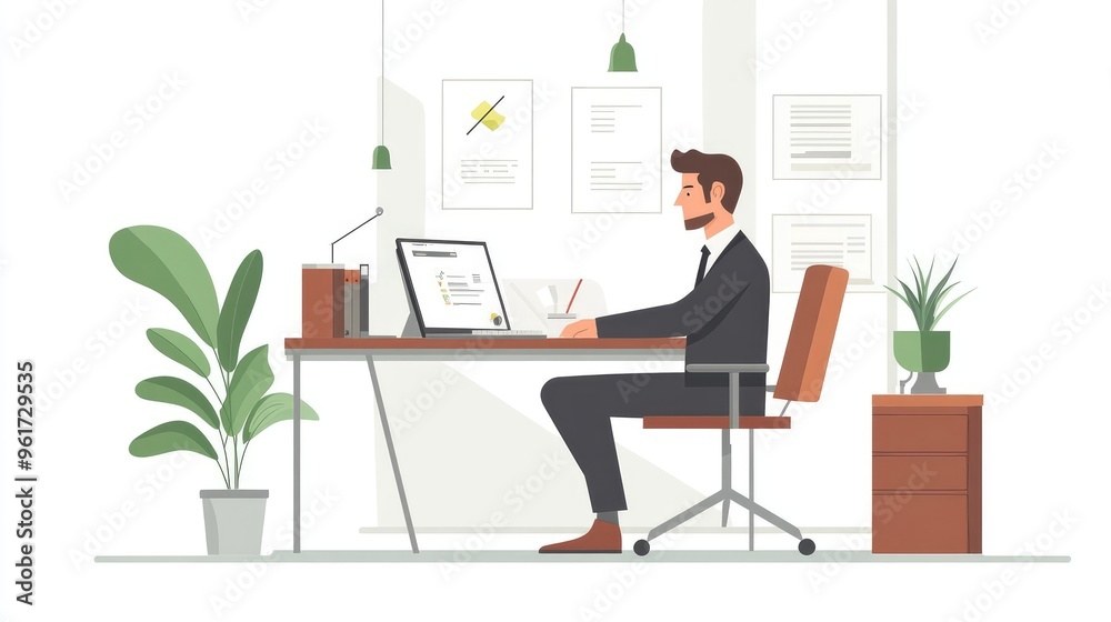 Flat Design Illustration of a Businessman Working in a Modern Office on Clean White Background Flat Design Illustration of a Businessman Working in a Modern Office on Clean White Background