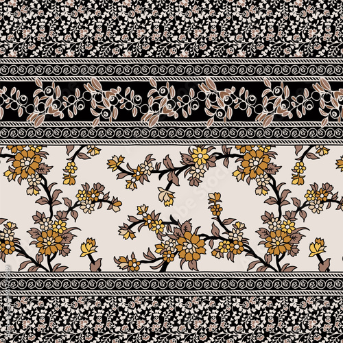 Seamless border with ethnic ornament elements and paisleys. Folk flowers and leaves for print or embroidery.