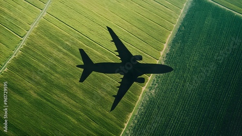 Wallpaper Mural An aerial view of an airplane's shadow gliding over vibrant green farmland, symbolizing the harmony between travel and the environment. Evoking themes of sustainable travel, environmental awareness Torontodigital.ca