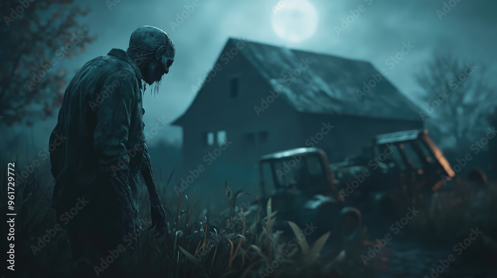 A dark, eerie zombie in a zombie costume stands in a field next to a house