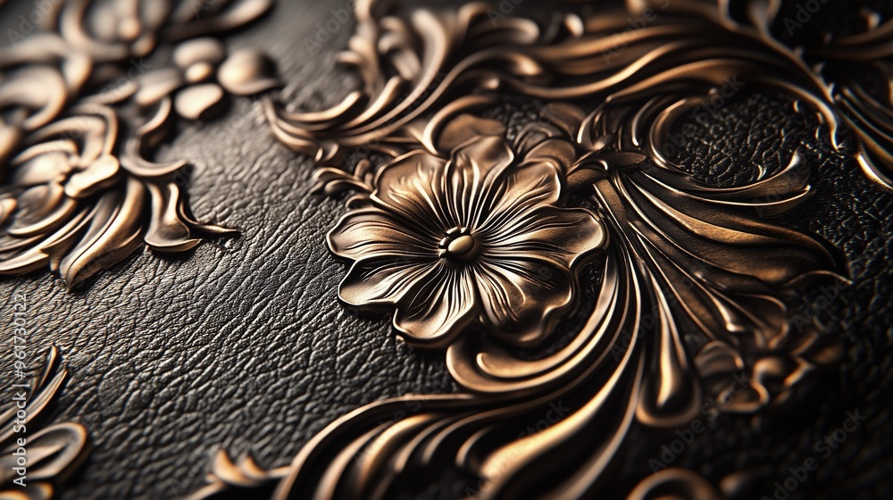 Close-up of dark embossed leather featuring an intricate floral motif, highlighting rich texture and craftsmanship in warm lighting. Close-up of dark embossed leather featuring an intricate floral motif, highlighting rich texture and craftsmanship in warm lighting.