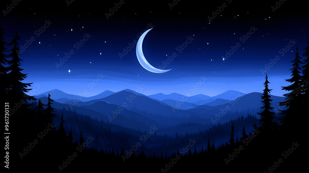 Fototapeta premium Calm night sky over rolling mountains with crescent moon and twinkling stars