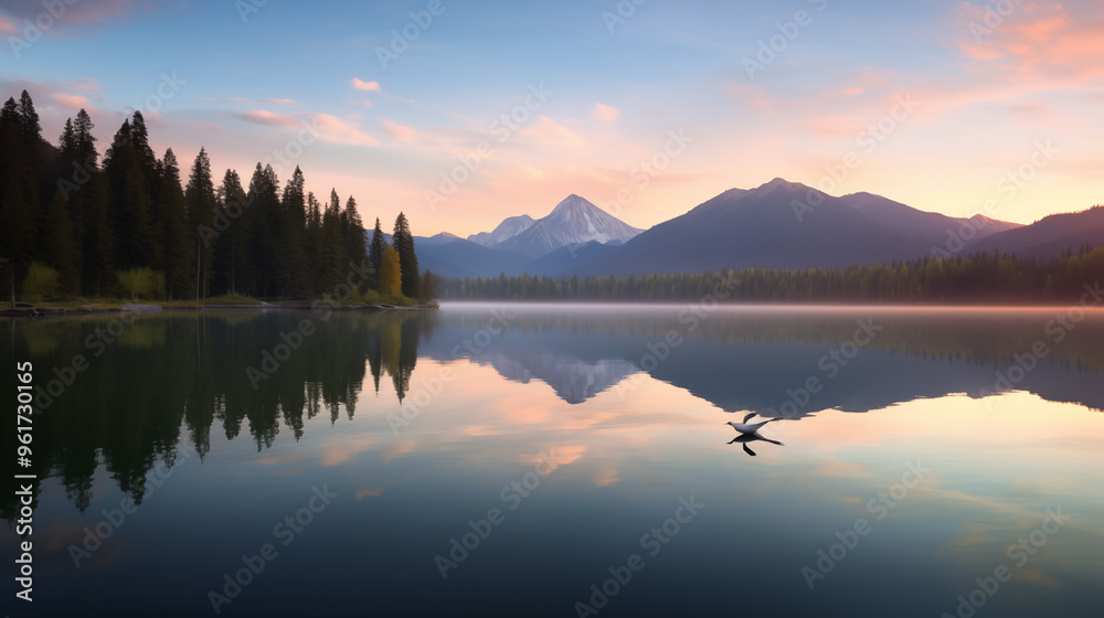 Fototapeta premium Bird Gliding Across A Peaceful Lake In A Forest Setting At Dusk