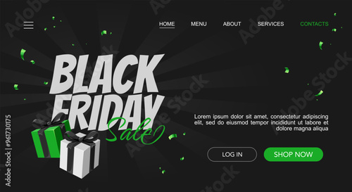 Black Friday sale landing page template with green and white gift boxes
