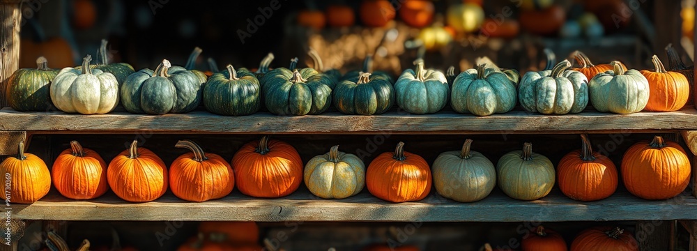 A variety of pumpkins in different colors are neatly arranged on wooden shelves at a farm market A variety of pumpkins in different colors are neatly arranged on wooden shelves at a farm market