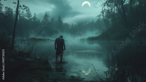 A dark, eerie zombie is walking in a forest near a lake