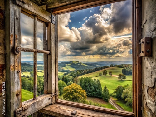 Dust-covered attic window with peeling paint and rusty hinges, overlooking a serene rural landscape with rolling hills and towering trees under a cloudy sky. photo