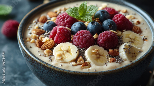 A banana smoothie bowl topped with nuts, seeds, and other fruits, appealing to the wellness and fitness community.