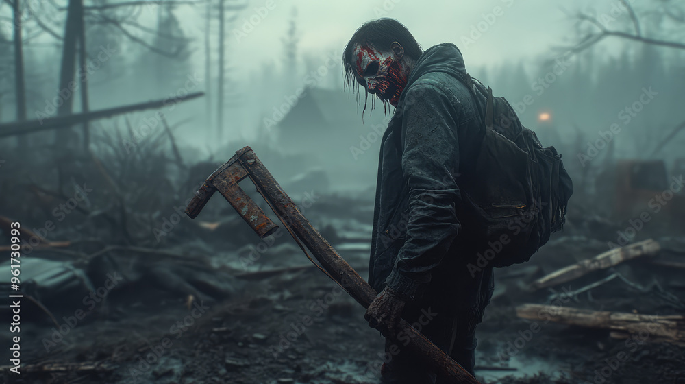 Fototapeta premium A dark, eerie zombie holding a rusted weapon, with half its face missing and bloodstained clothing, standing in a desolate.