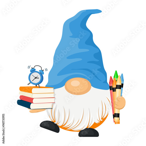 School Gnome Holding Books, Alarm Clock, and Colorful Crayons
